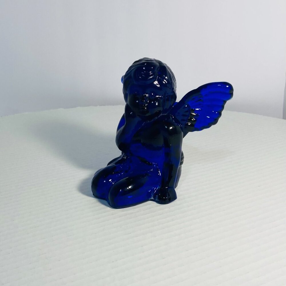 VTG Two Cobalt Blue Glass Sitting Angel Cherub Taper Candle Holders 5"x 5"x 5" - Picture 9 of 17
